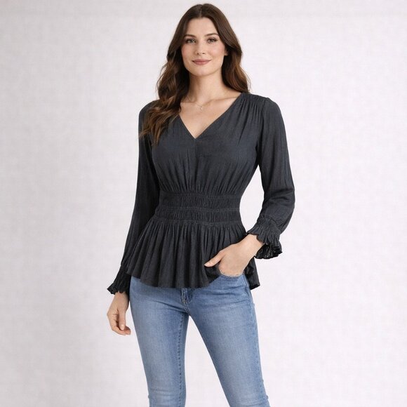 Catherine Malandrino Tops - Catherine Malandrino Satin Blouse Gray Long Sleeve Smocked Peplum Waist Size PP
